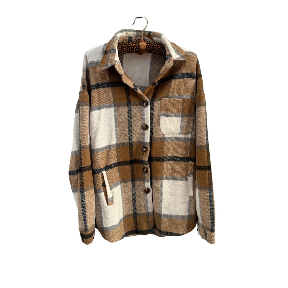 Brown Plaid Flannel Shacket Women Medium Oversized Button Down Shirt Jacket